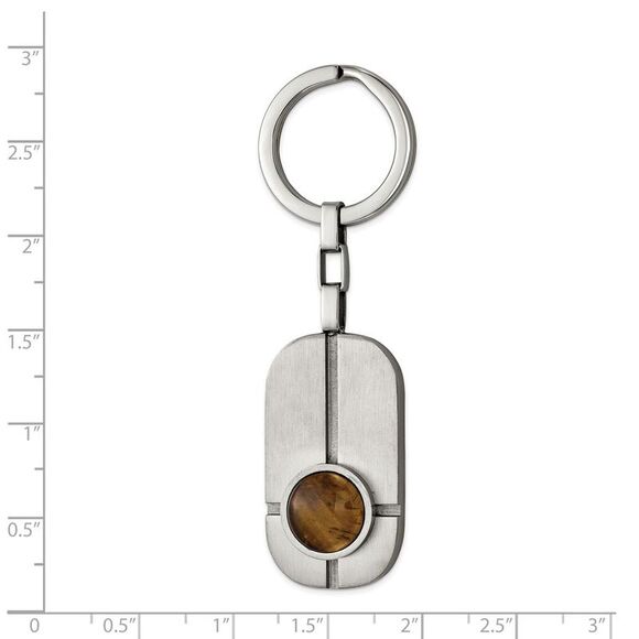 Stainless Steel & Brown Tiger's Eye Brushed & Grooved Key Chain - Picture 2 of 3